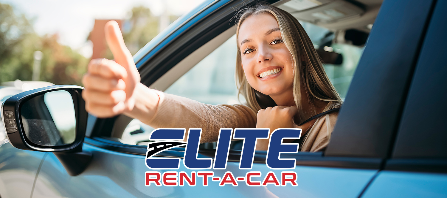 Car Rental Customer Service. Blond girl giving a thumbs up inside her car rental.